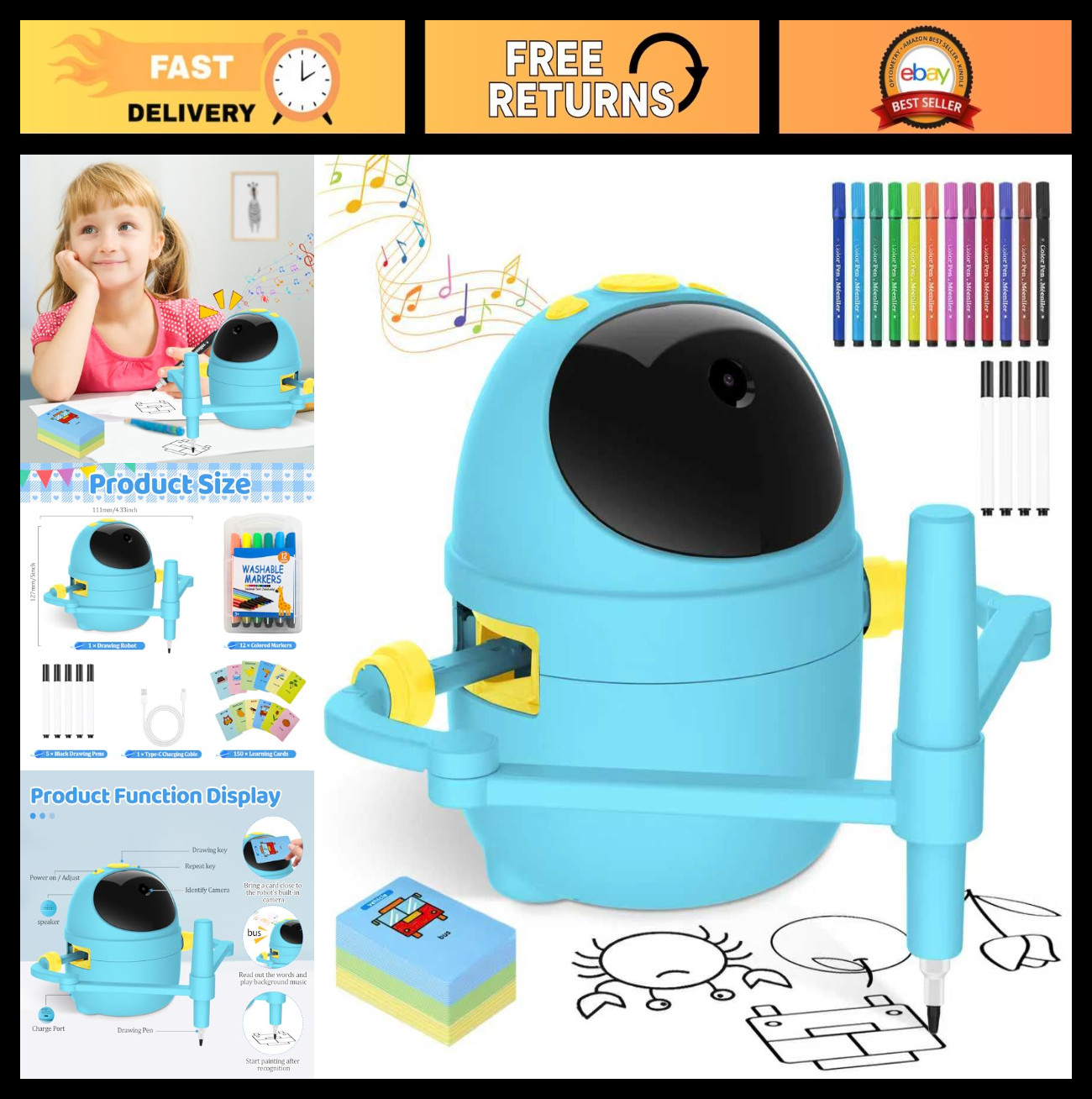 Kids Drawing Robot with Camera, 150 Learning Cards & 17 Colored Pens, STEM Art M