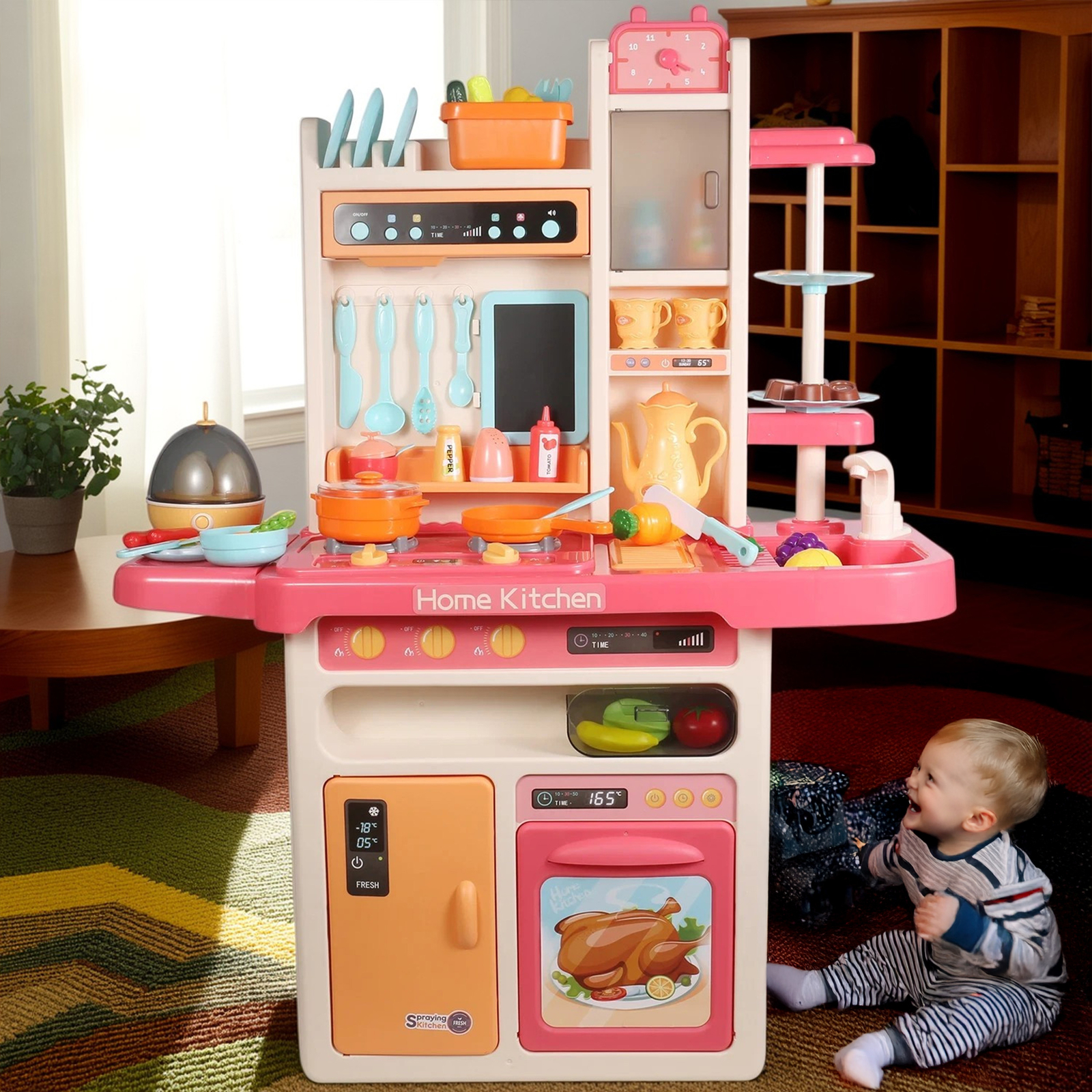 Kids Deluxe Kitchen Cooking Playset with Steam & Water Effects – 65 Accessories