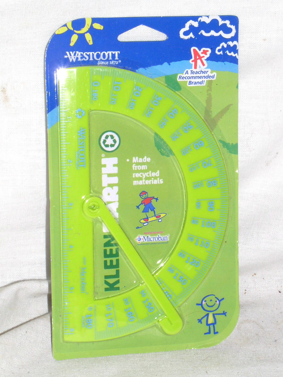 SEALED LIME GREEN+BLUE WESTCOTT KLEEN EARTH PLASTIC PROTRACTOR RULER MICROBAN