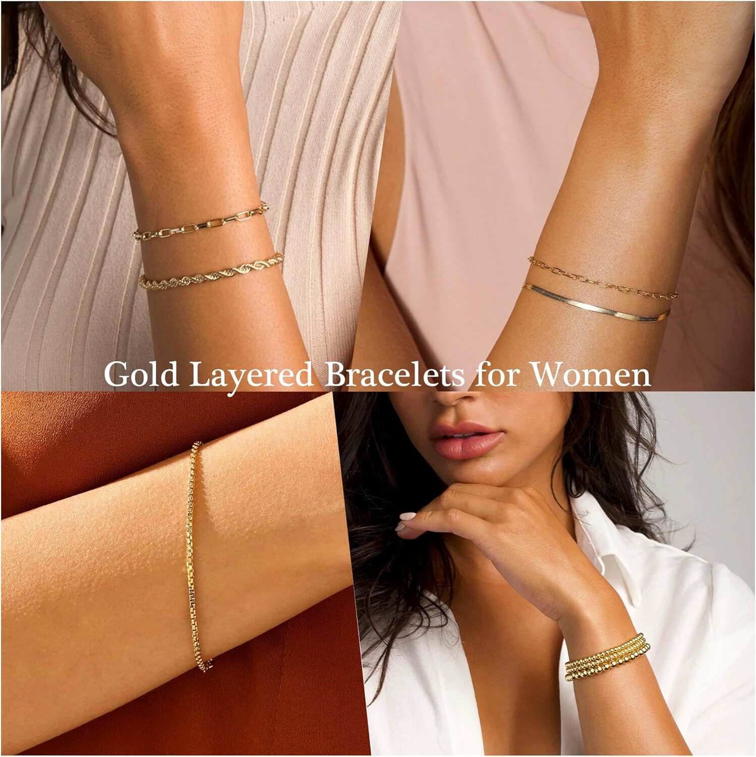 Gold Bracelets for Women – Dainty 18K Gold Plated Trendy Bead Rope Cuban Figaro