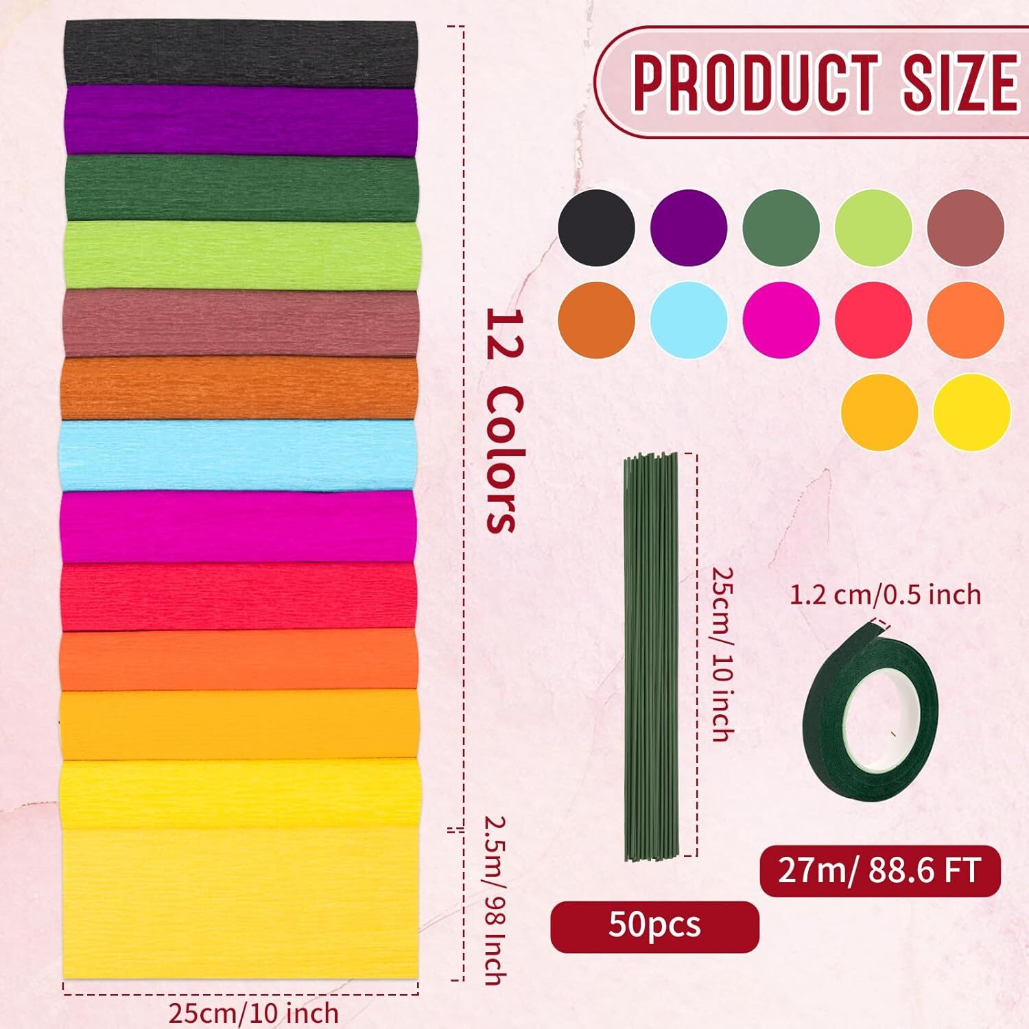 12 Colors Crepe Paper Rolls, 10 x 98Inch Wide Sheets Deep Color