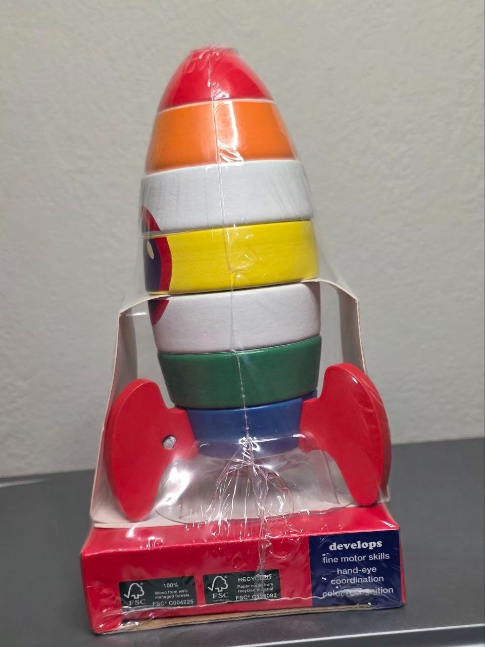 Wooden Stacking Rings Spaceship Toy for 12mos+, Wood Sensory Tower