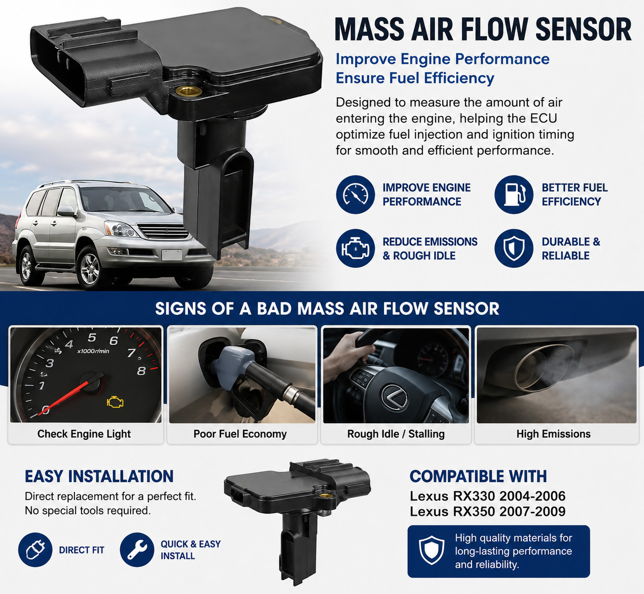 22204-0C010 Mass Air Flow Sensor MAF Sensor Compatible with Toyota 1998-2000 4Ru