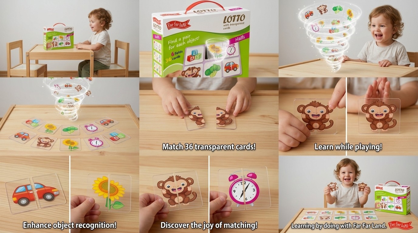 LOTTO with Transparent Flash Cards Halfs for Toddlers Age 3+ Years