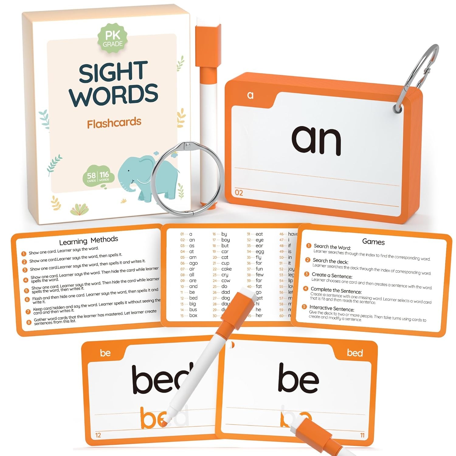 WJPC 58 Cards, 116PCS High Frequency Sight Words Flash Cards for (Pre-K, Pre-Kin
