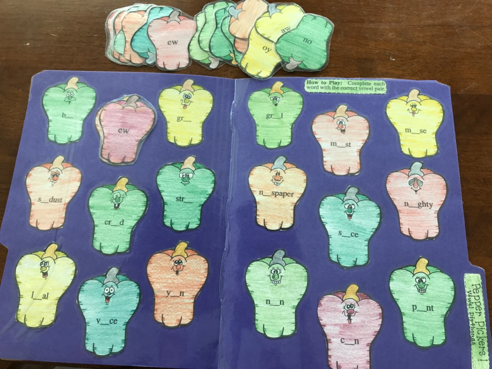 Pepper Pickers! Vowel Dipthongs 3-4 grades language arts file folder game