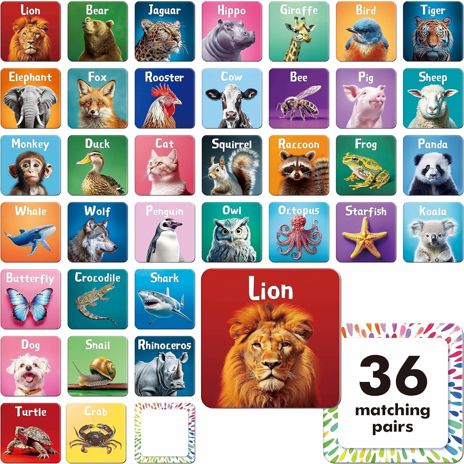 72 PCS Memory Matching Game, Real Animal Matching Cards for Toddlers 36 Pairs…