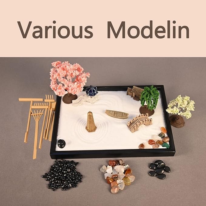 Mini kit de jardín Zen: jardín Zen mejorado de 10″ x 7″ para escritorio con 18.