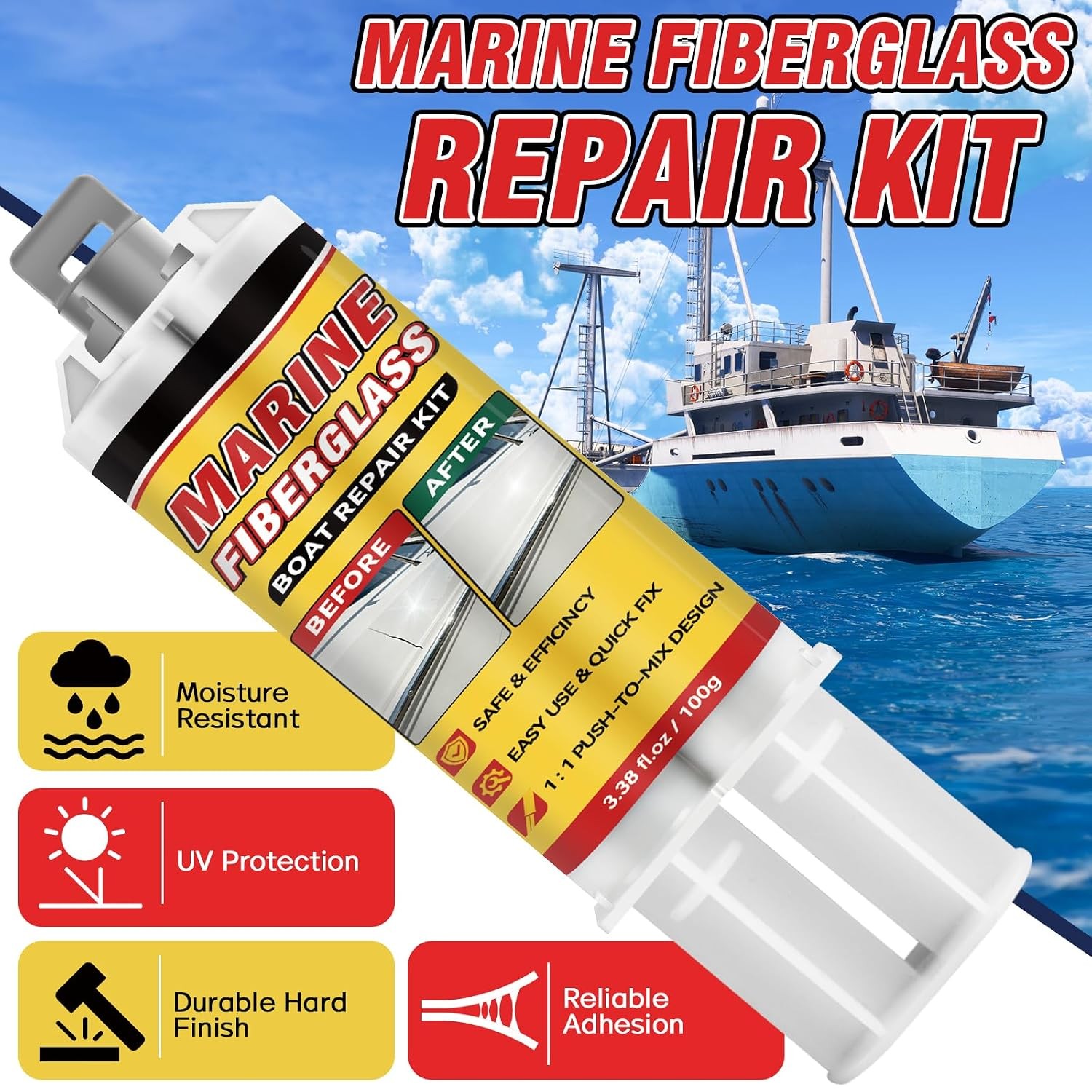 Marine Fiberglass Repair Kit for Boats, Gelcoat Repair Kit with Waterproof Epoxy