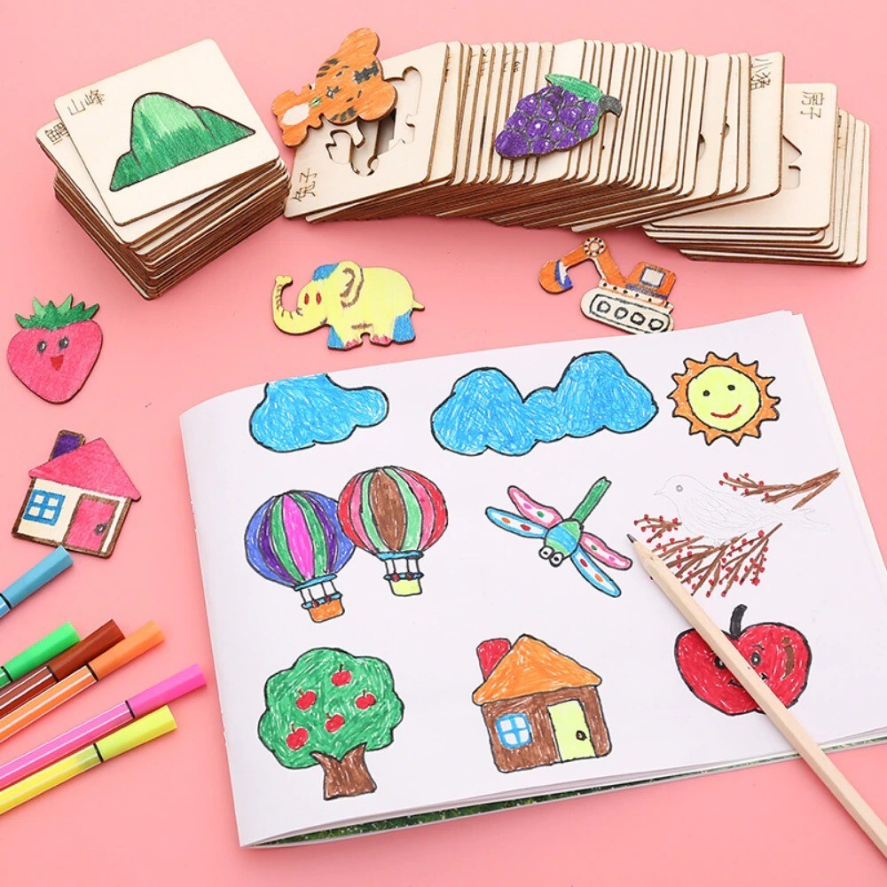 Kids Drawing Toys 20pcs Wooden DIY Painting Template Stencils Stencils Learning