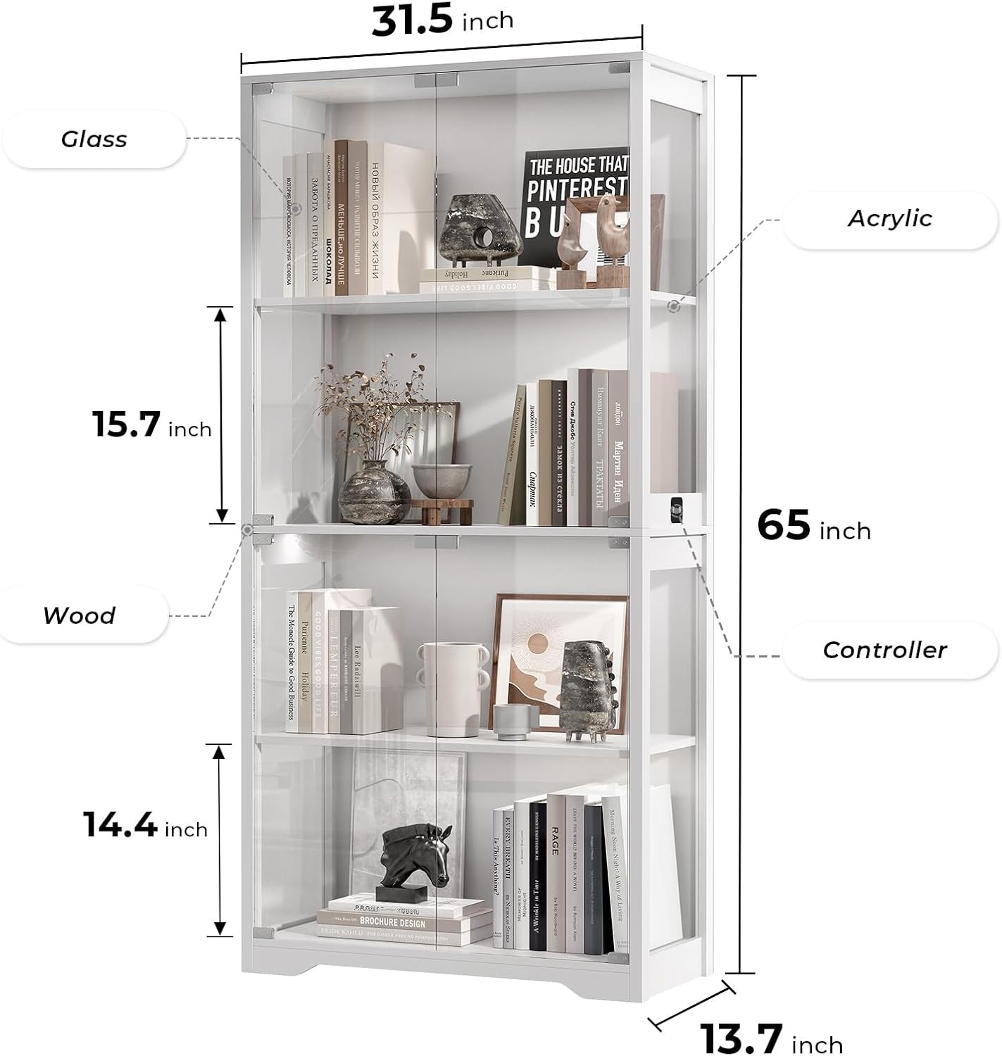 Display Cabinet with Glass Doors, 4-Tier Curio Cabinet with 3 Color Lights for