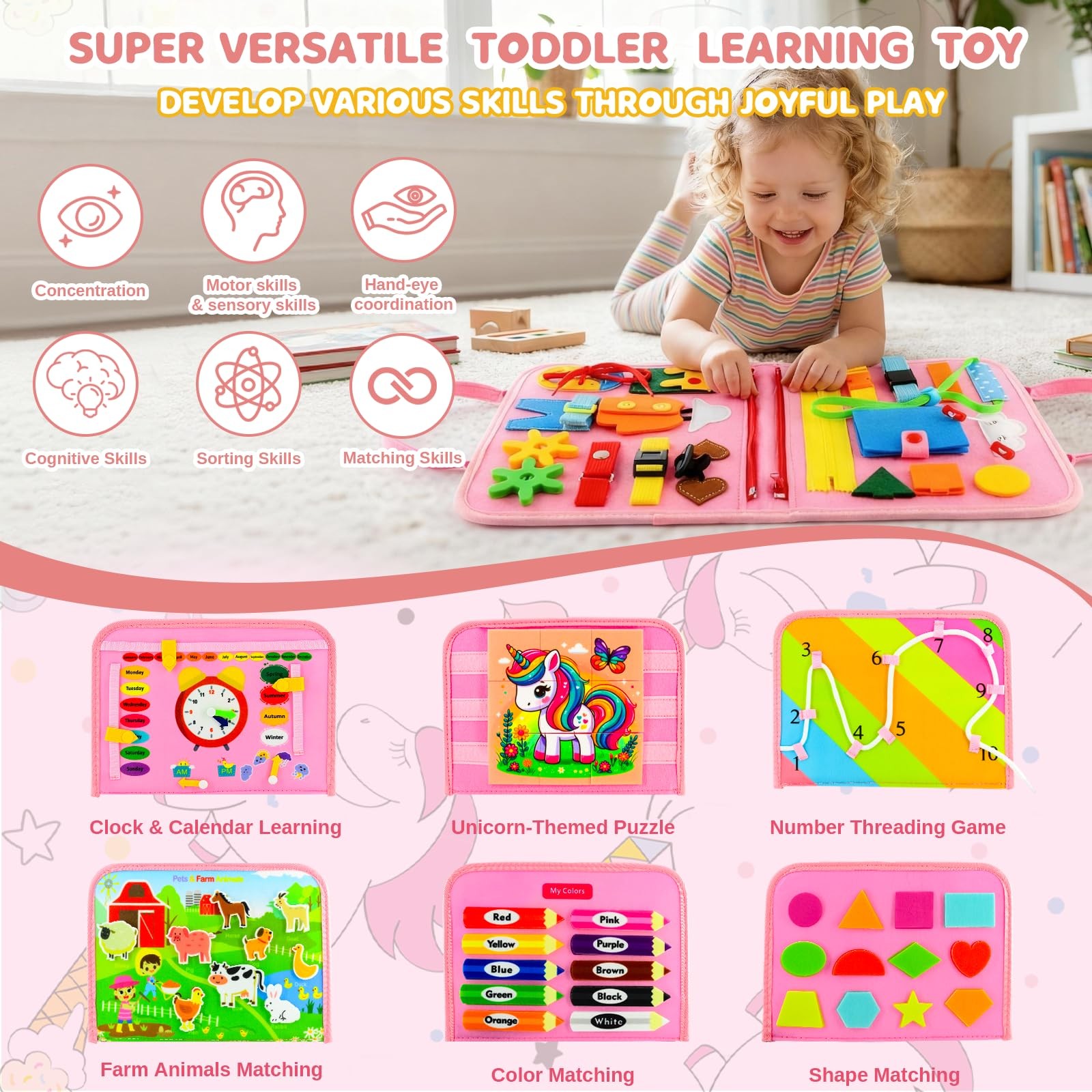 Toddler Busy Board Montessori Toys, 10.89 x 8.78 x 2.09 inches, Pink