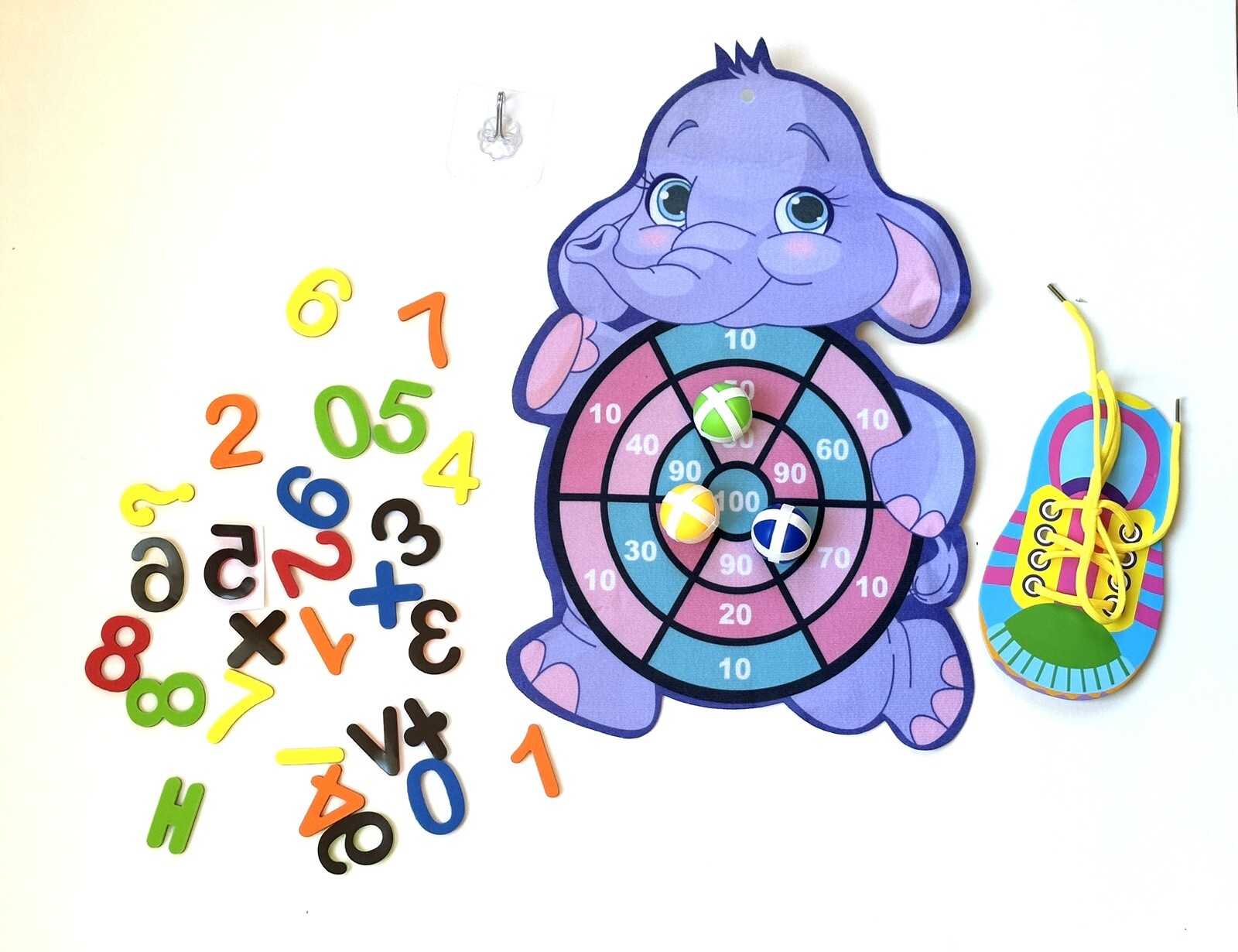 Educational Toy- Magnetic Letters & Numbers + Dart Game Elephant + Shoes Lacing