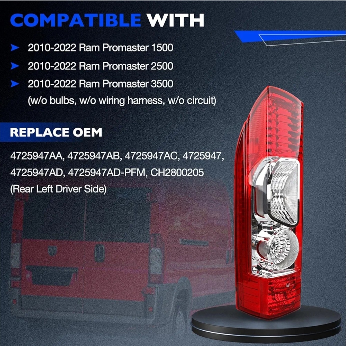 Misakomo Tail Light Rear Left Driver LH for 2010-2022 Ram Promaster 1500 2500