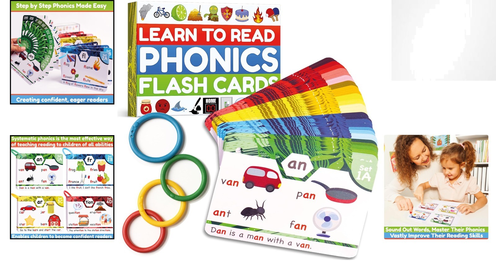 Interactive Phonics Flash Cards – 62 Cards and Sorting Rings for Early Readers