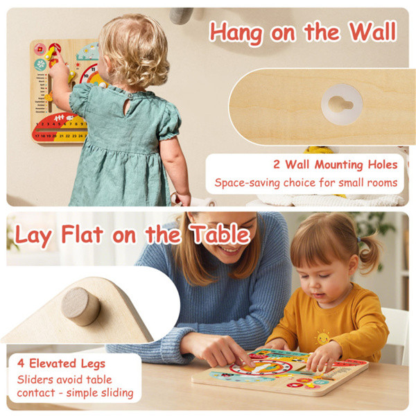 Wooden Kids Calendar & Clock Learning Board Montessori Educational Weather Toy