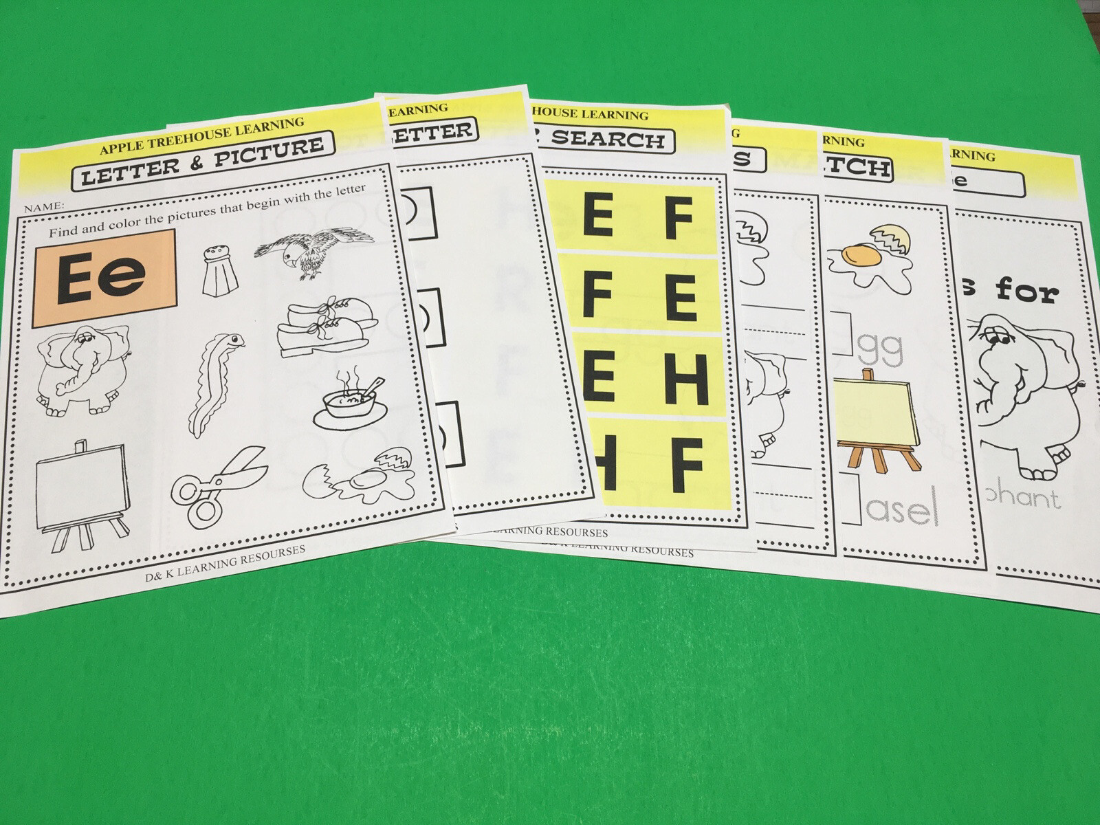 Letter Ee – Apple Treehouse Worksheets – Preschool Teaching supplies 20pgs