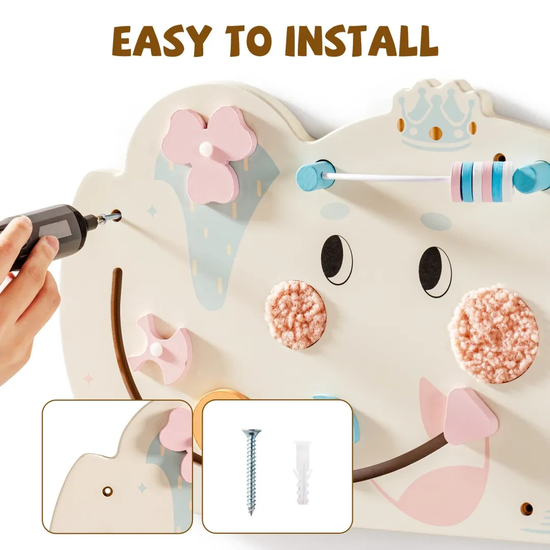 ROBUD Wooden Cream Elephant Busy Board Montessori Sensory Wall Toy for 1-3 kids
