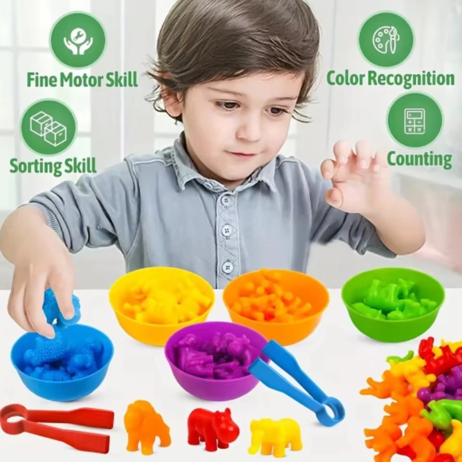 Counting Animal Matching Game Sorting Bowls Color Learning Toy- African Animals