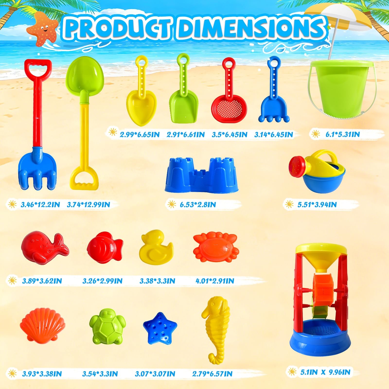 Beach Toys, 19 Piece Sand Toys Set Kids Sandbox Medium, Multicolor