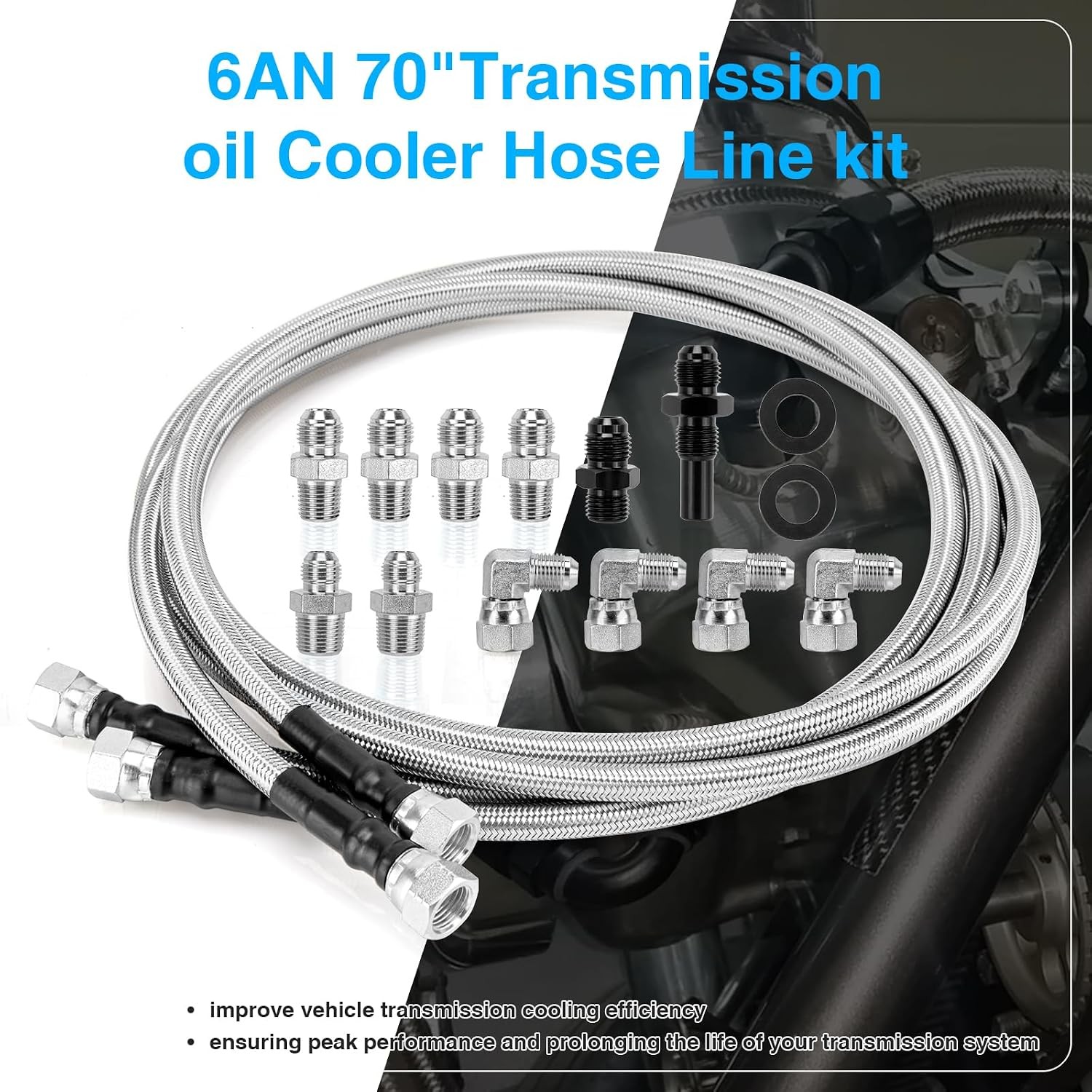 Chevy GM Ford 6AN SS Braided Transmission Cooler Lines 70″ Braided Kit