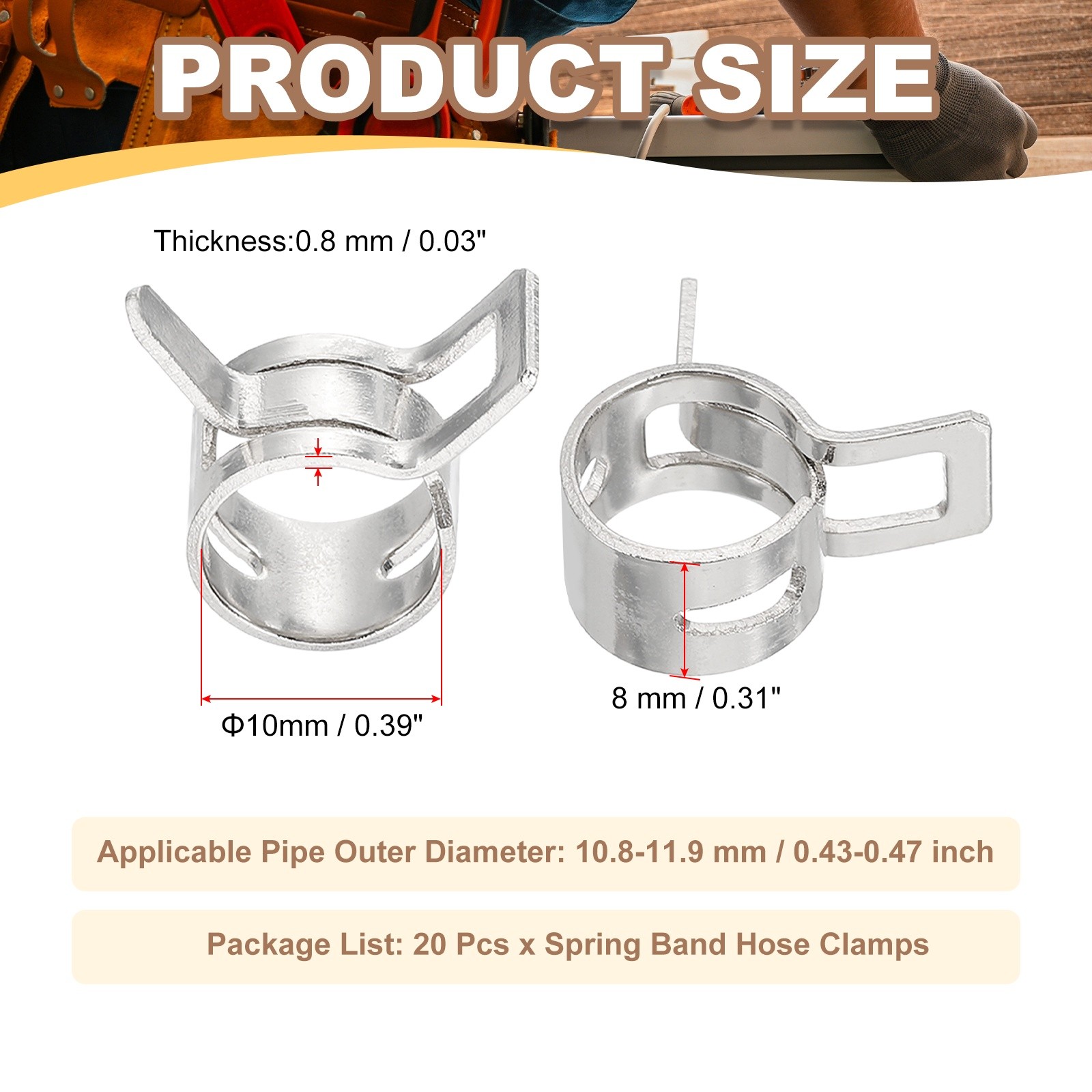 20 Pcs Spring Band Hose Clamps for 10.8-11.9mm OD 0.4″(10mm) ID Silver
