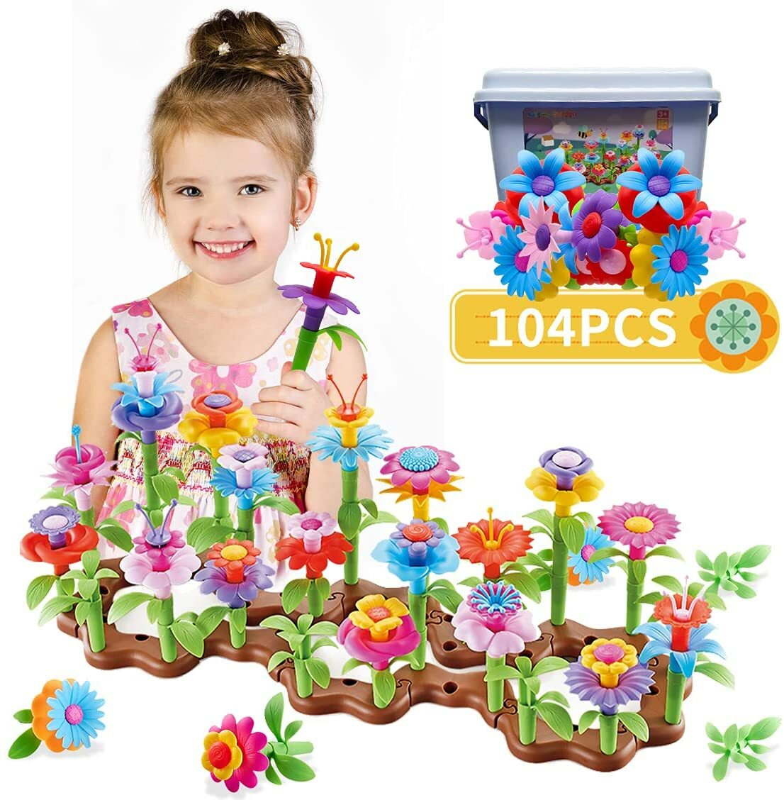 104 Pcs Flower Garden Building Toys with Carrying Case and Watering Can