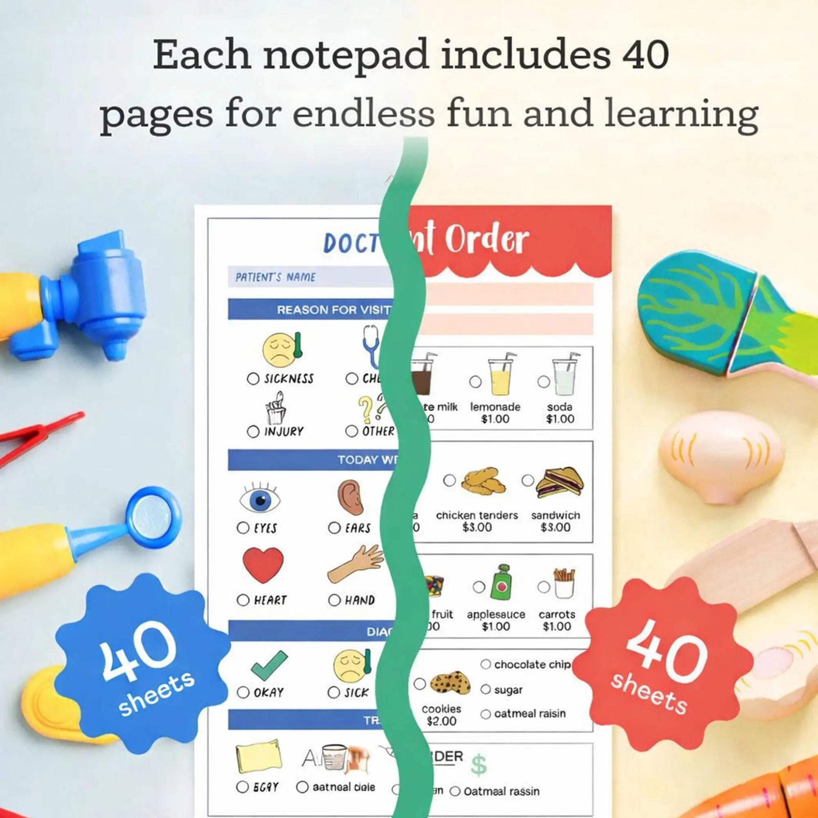 Play Pretend Notepads 40 Pages Each for Kids 2 Pack Restaurant Doctor NatureWalk