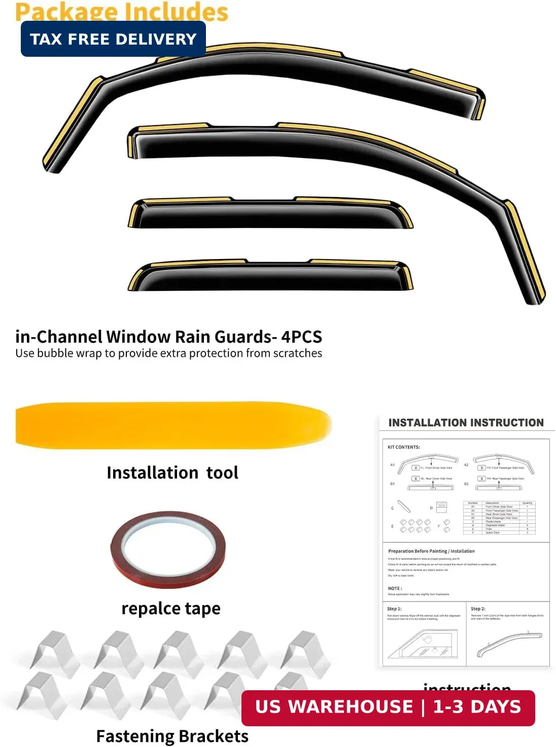 in-Channel Window Rain Guards Fit for Toyota Tacoma 2016-2023 Double Cab, Extra