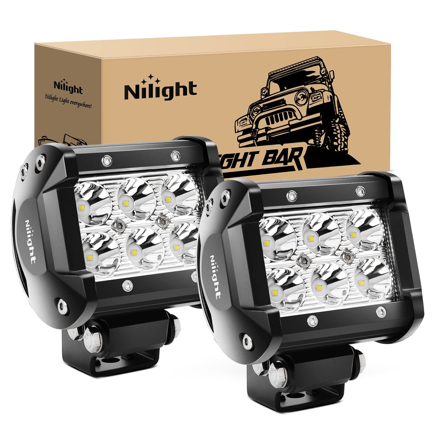 Nilight 2PCS White 18W Super Bright Off Road Led Spot Light Pods Fog Driving