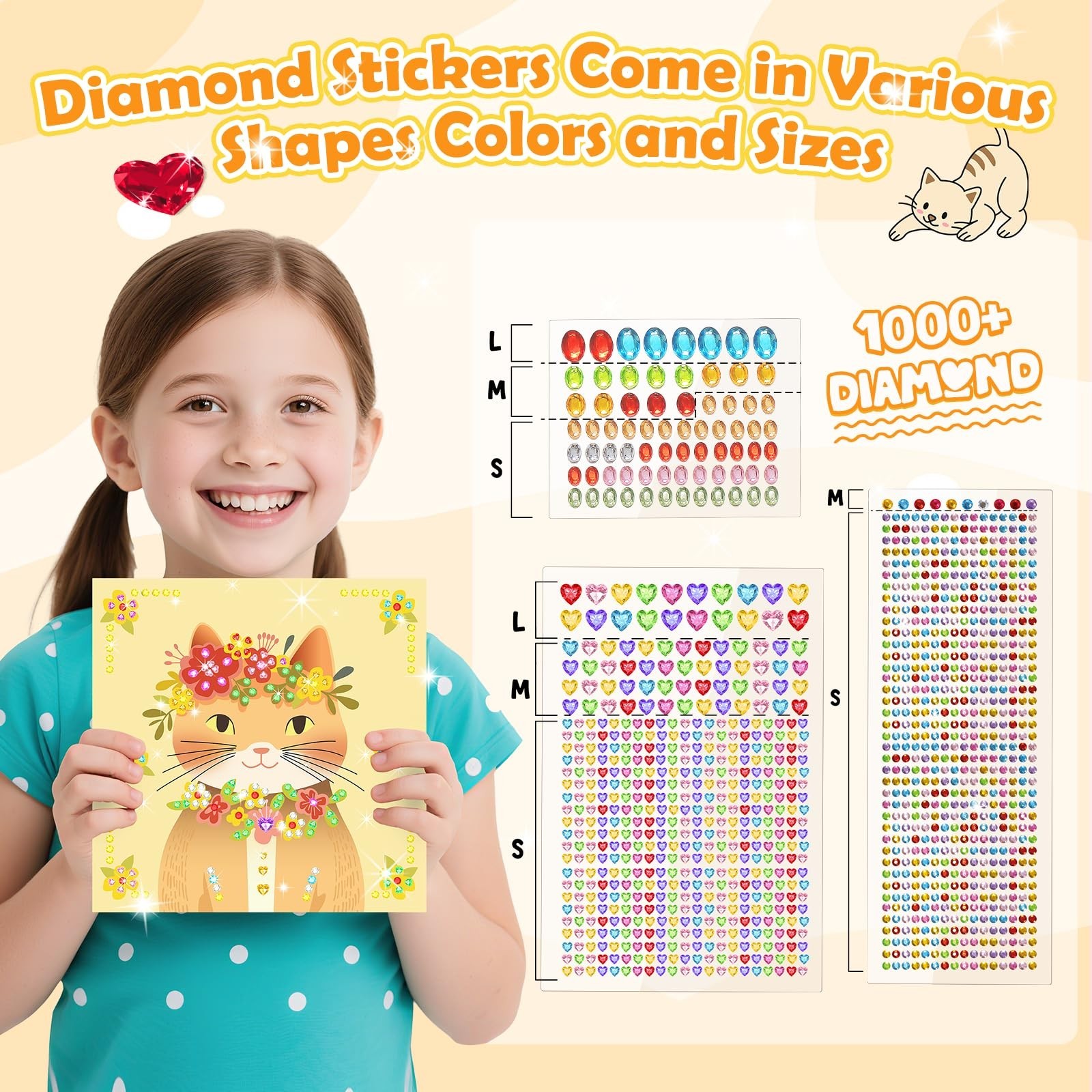 Gem Art Sticker Kit, Arts and Crafts for Kids Age 4-12, 8 Cat Themes Diamond …