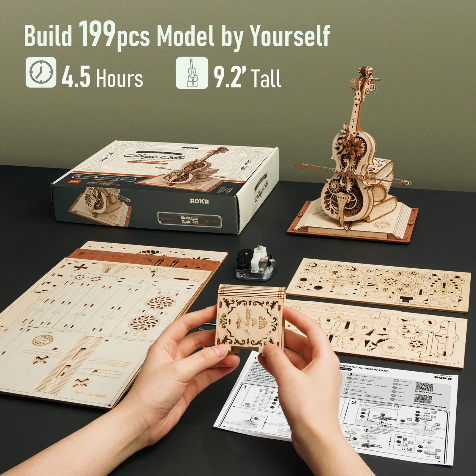 3D Wooden Mechanical Cello Puzzle DIY Music Box Model Kit, STEM Educational