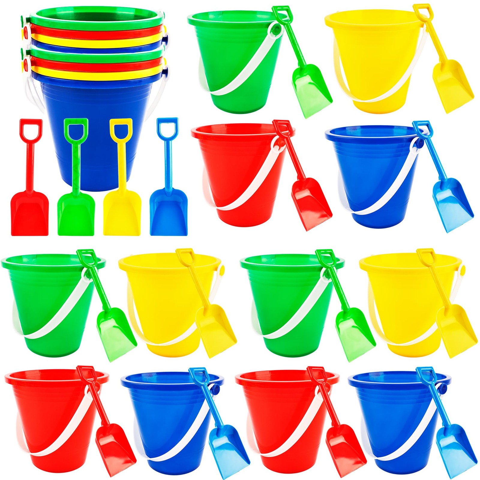 13.5 x 8 x 12 cm (buckets), 19 x 6 (shovels), Red, Blue, Yellow, Green