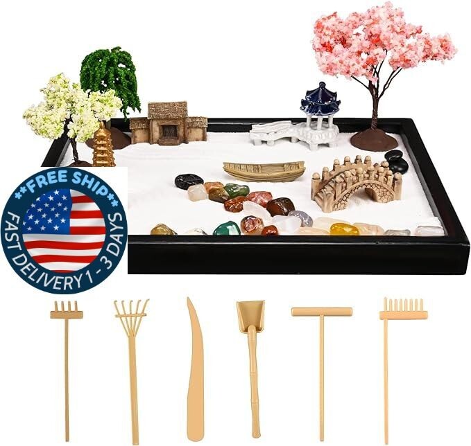Mini kit de jardín Zen: jardín Zen mejorado de 10″ x 7″ para escritorio con 18.