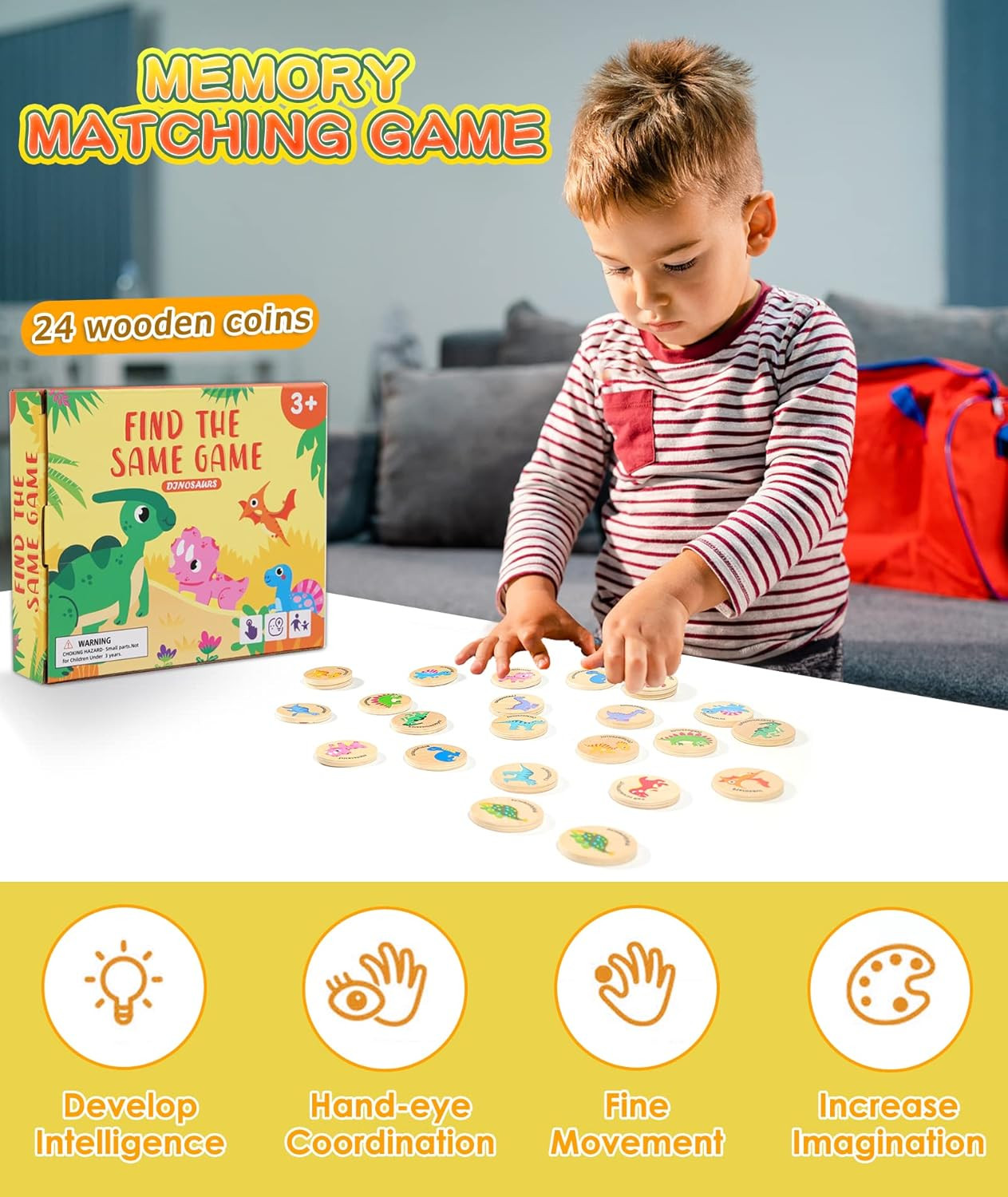 Wooden Match Memory Game for Kids, 24Pc Memory Matching Cards, Educational Memor