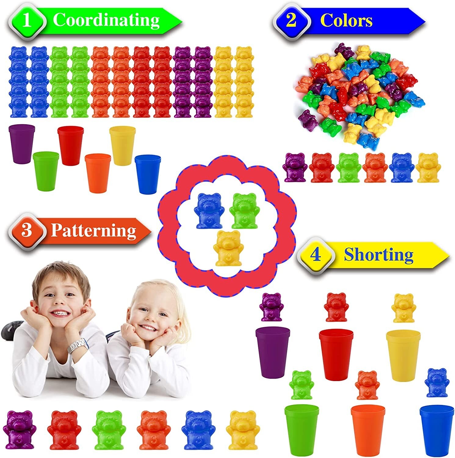67-pc Rainbow Colored Counting Bears with Cups Sorting Educational Toys for Kids