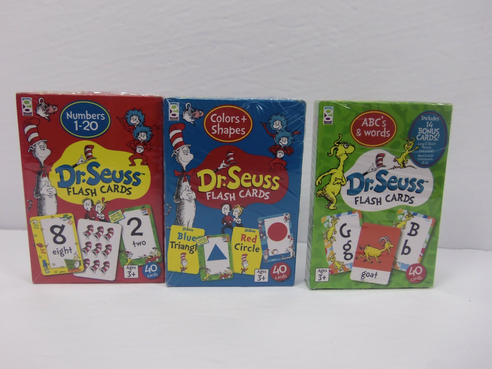 Set of 3 Dr. Seuss Flash Cards Numbers Alphabet Words Colors Shapes