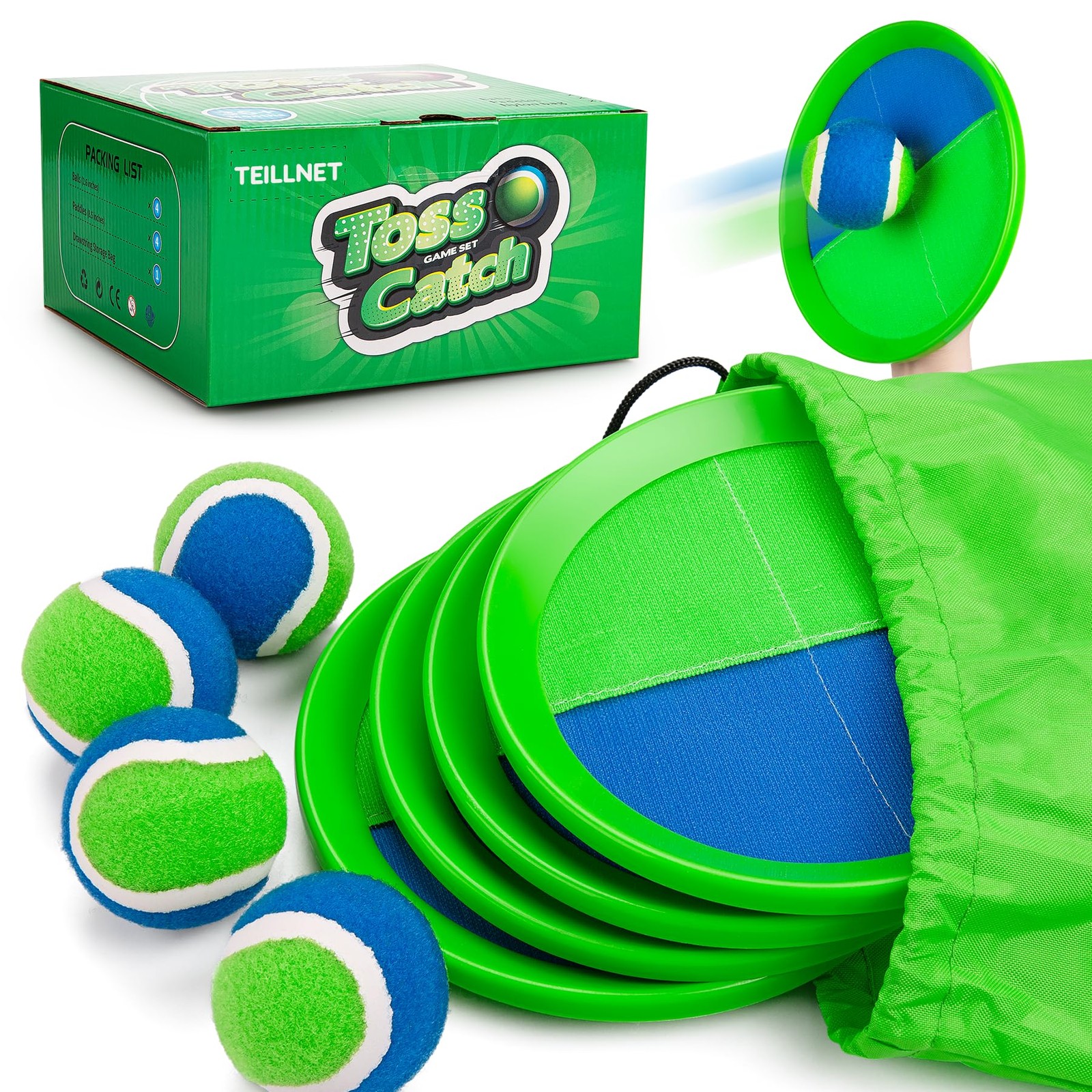 Toss and Catch Ball Set Upgraded – Family Games Kids 4 Paddles 4 Balls, Blue