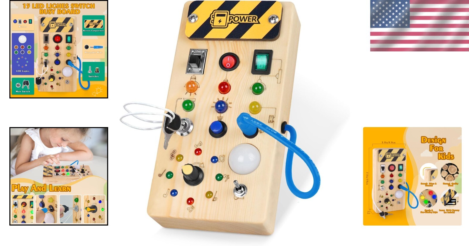 Handcrafted Montessori Busy Board for Ages 1+, 8 LED Lights for Sensory Learning