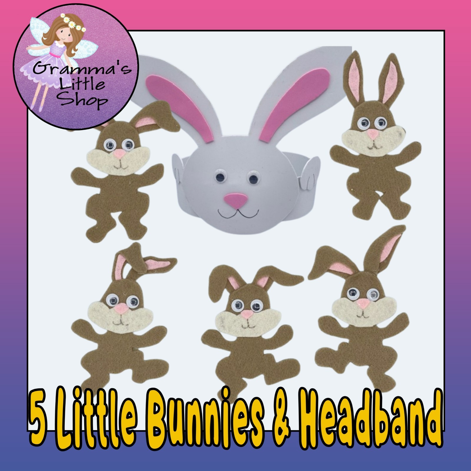 5 Little Bunnies Felt Set with Adjustable Headband for Felt / Flannel Board Play