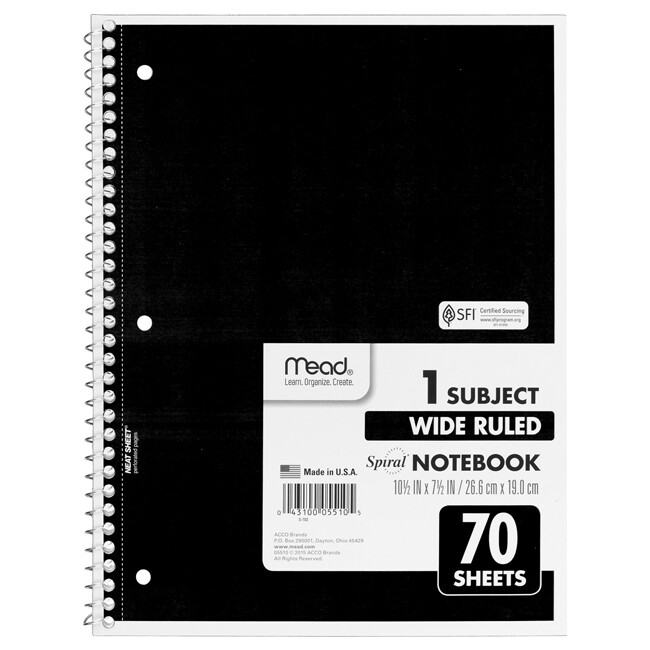 Mead Spiral 1-Subject Wide-Ruled Notebook, 1 Notebook, Black