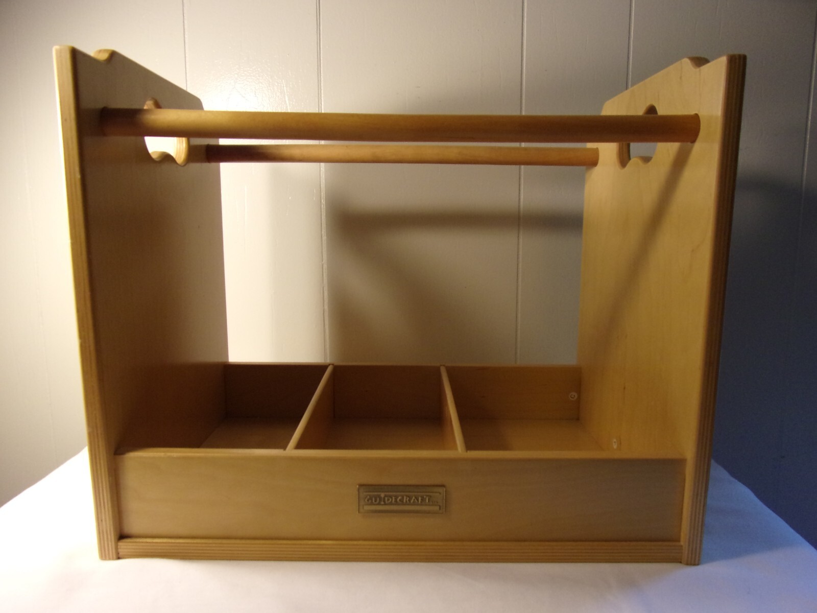 Vtg GUIDECRAFT Wooden Divided Book Or Toy Storage Tray Carrier Rack With handle