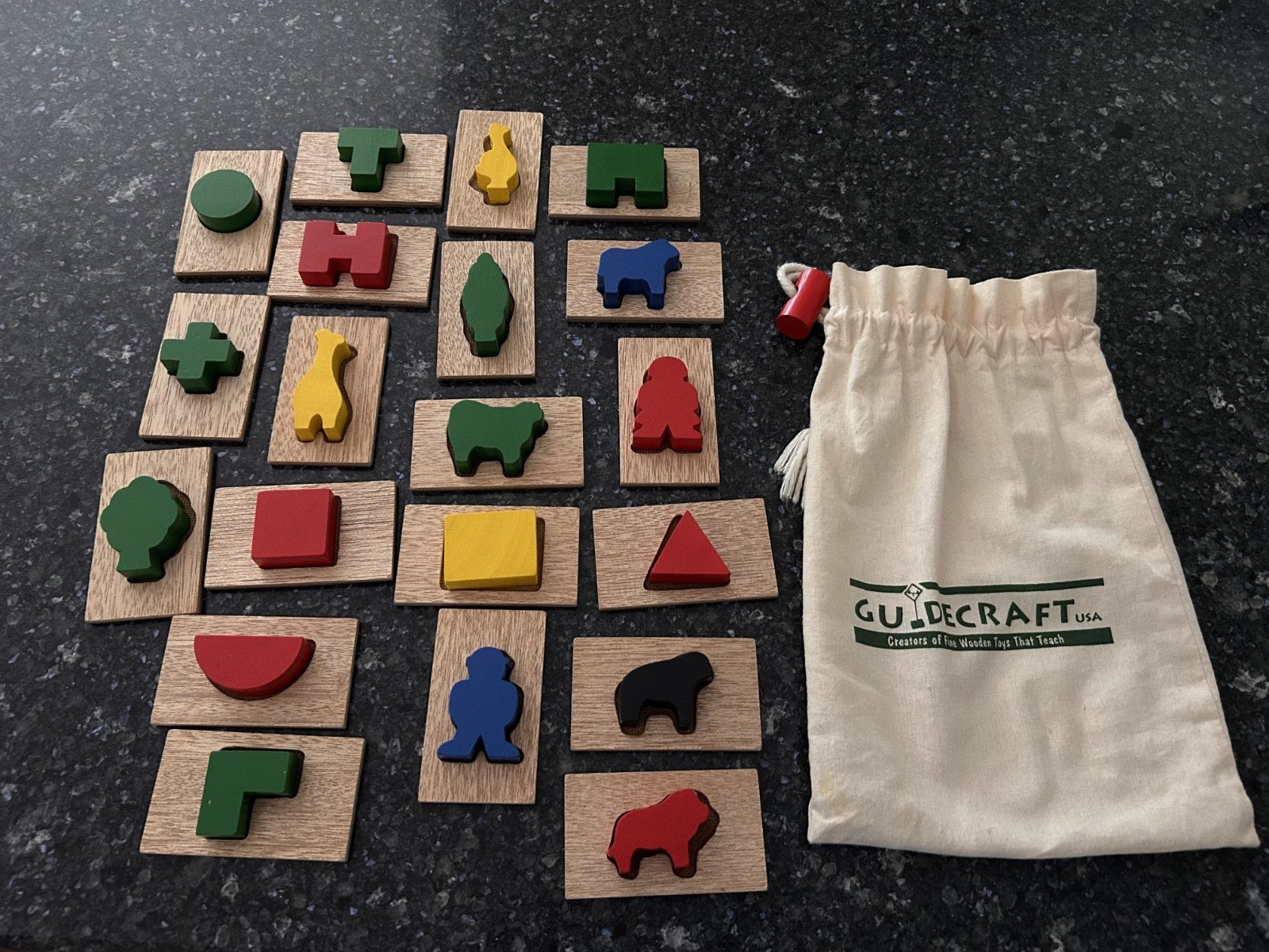 Vintage Guidecraft 3D Feel and Find – Wooden Sensory Matching Game w/Canvas Bag