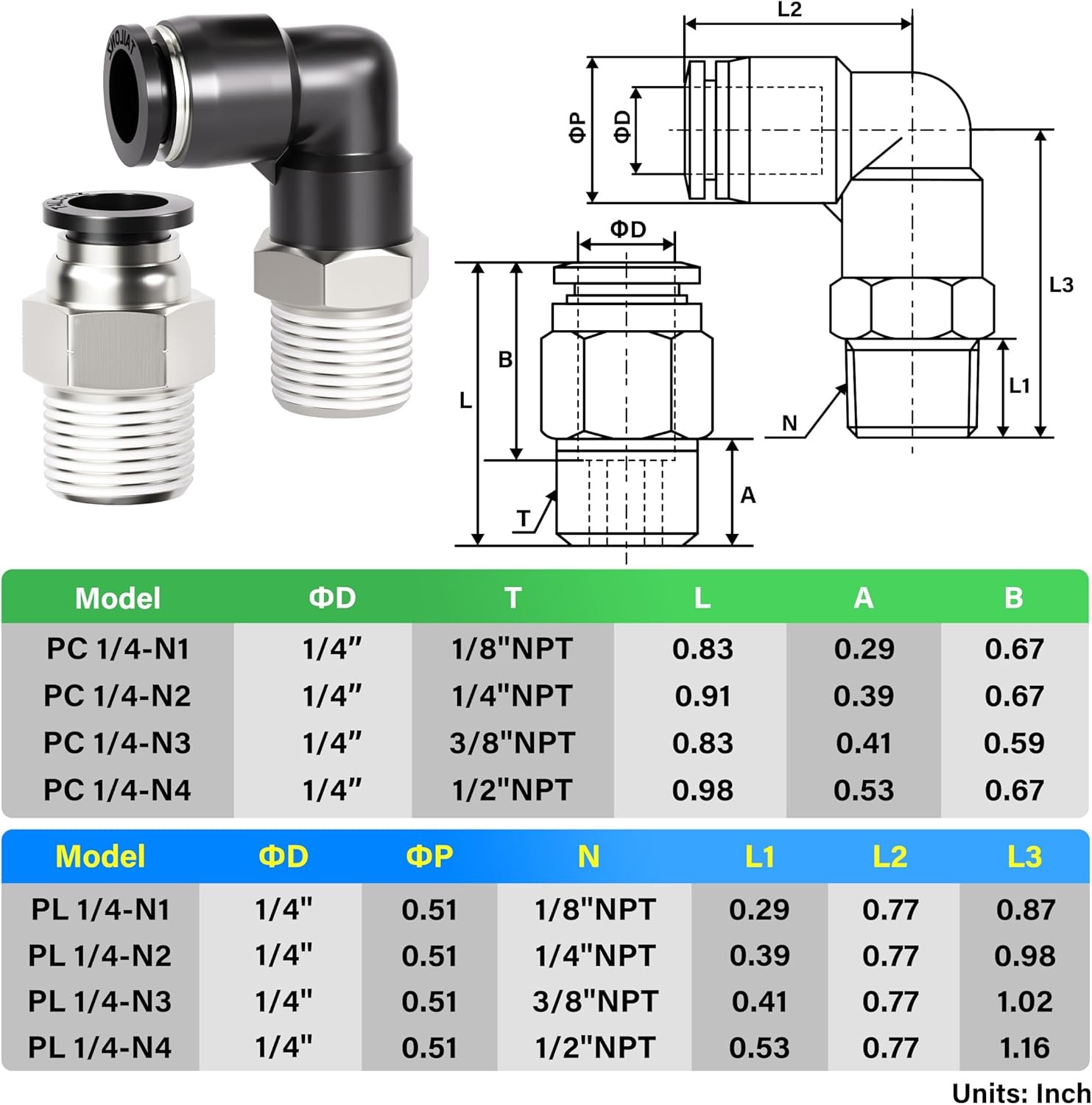 TAILONZ PNEUMATIC Elbow and Straight Combination 1/4 Inch Tube OD x 1/4 Inch NPT