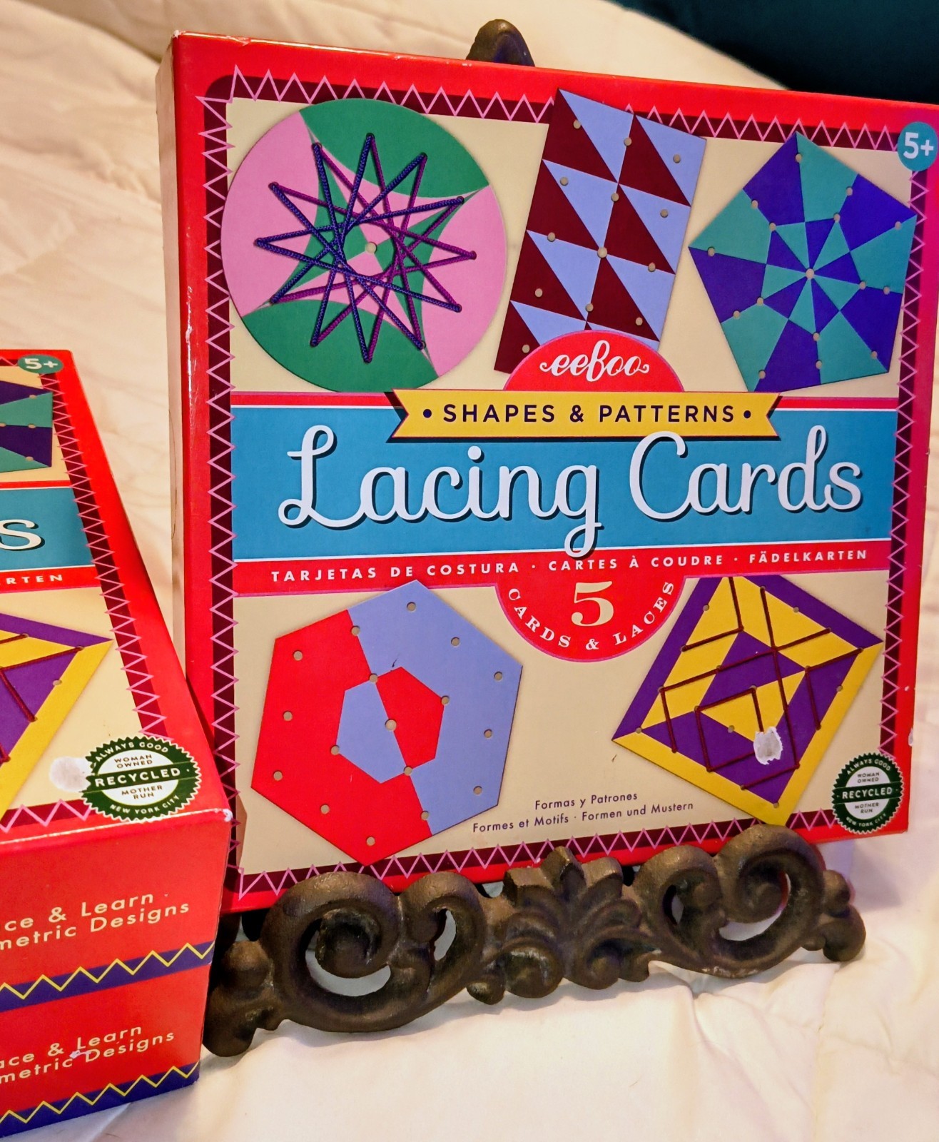 3 eeBoo Shapes & Patterns Lacing Cards Lace & Learn Geometric Designs Age 5+