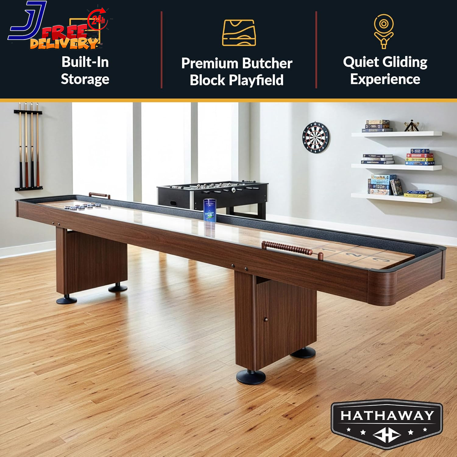 Challenger Shuffleboard Table for Family Arcade Game Room with Poly Coated Playf