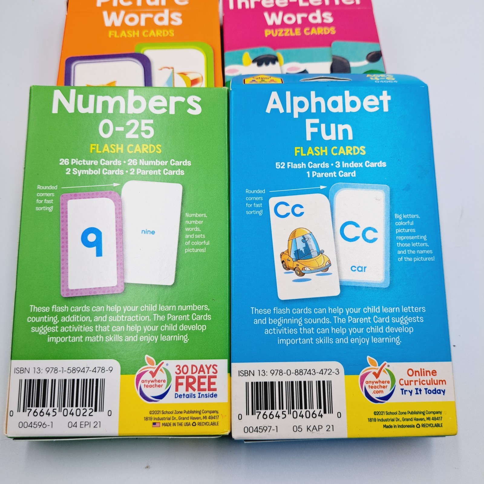 4 Packs of Learning Flash Cards School Zone Numbers, Words & Alphabet Age 3 & Up