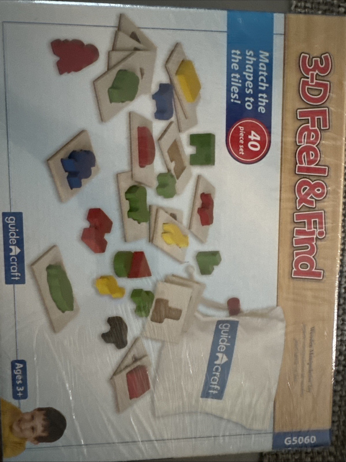 Vintage Guidecraft 3D Feel and Find – Wooden Sensory Matching Game w Canvas Bag