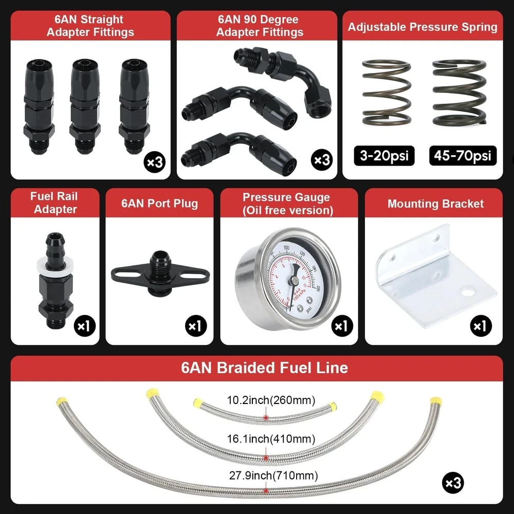 Adjustable Fuel Pressure Regulator Kit 3-70PSI With 6AN Return and 6AN feed Port