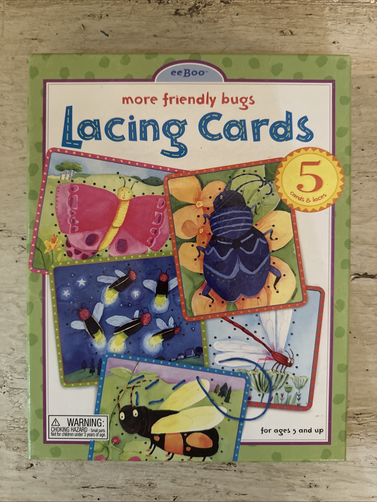 Vintage 2004 eeBoo More Friendly Bugs Lacing Sewing Cards 5 Cards & Laces